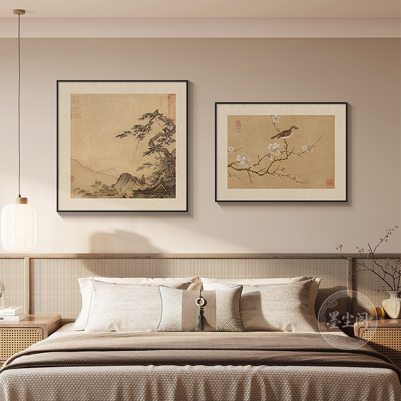 宋代美学卧室床头花鸟组合装饰画客厅沙发背景墙禅意两联山水挂画