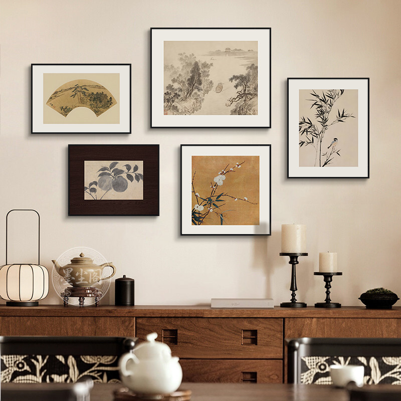 法式中古风客厅装饰画餐厅背景墙花鸟组合挂画茶室禅意山水壁画框