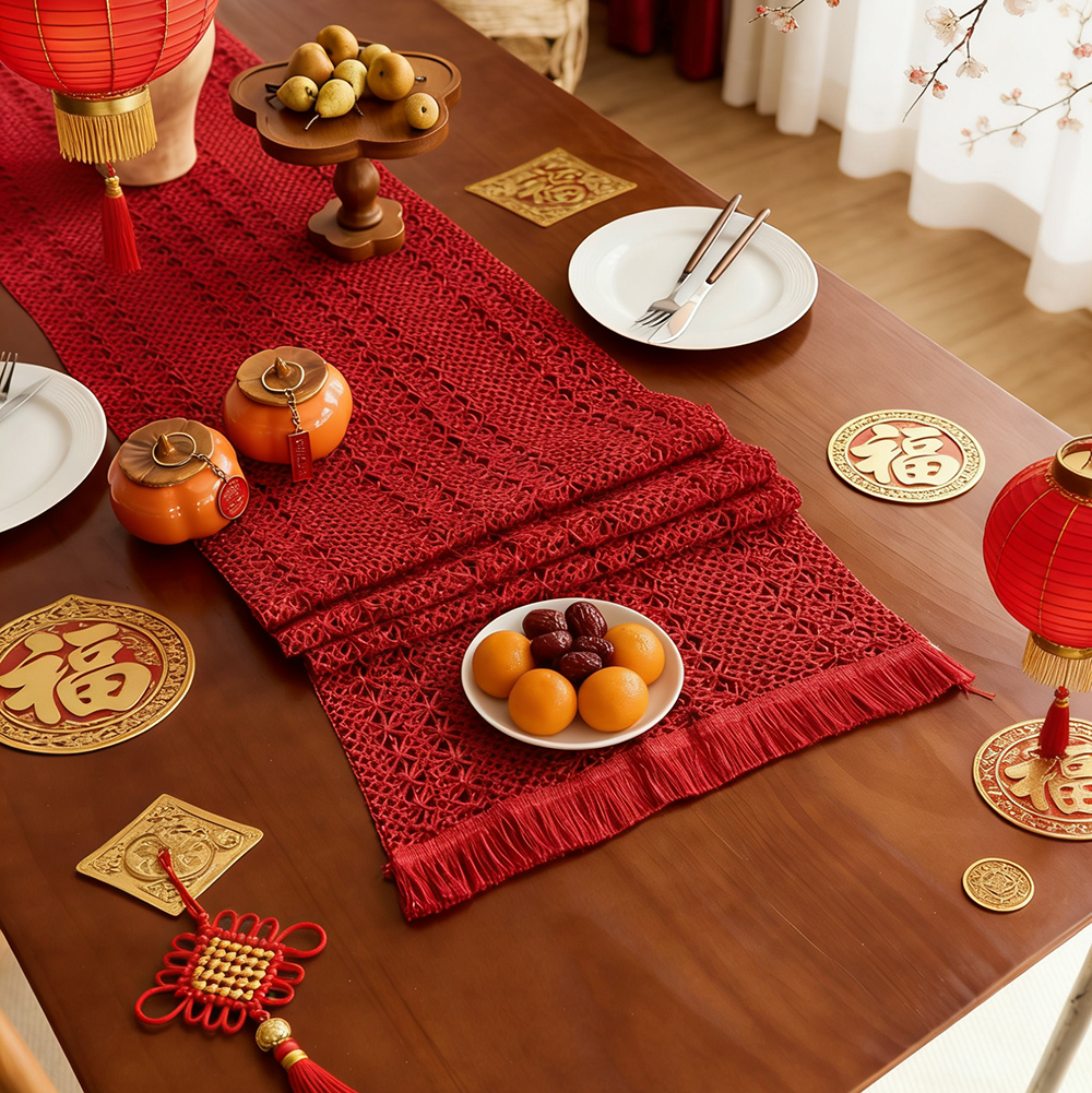 红色桌旗新年喜庆编织流苏镂空桌旗氛围感餐垫桌垫餐桌长条装饰巾,居家布艺,桌旗,淘宝优惠券,粉丝福利购,淘宝优惠卷