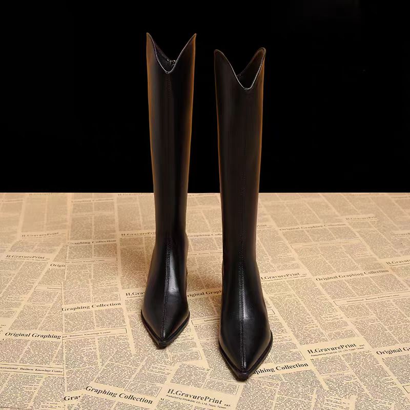 秋冬新款尖头黑色粗跟女时尚百搭拉链欧美风小个子不累脚女鞋软皮