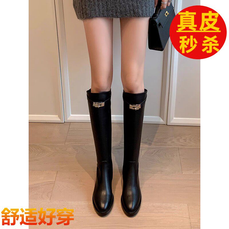 贵里贵气～法式复古英伦风锁扣长筒靴女冬2025新款真皮高筒