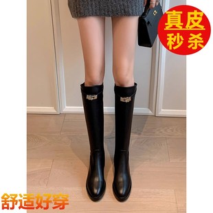 贵里贵气~法式复古英伦风锁扣长筒靴女冬2025新款真皮高筒