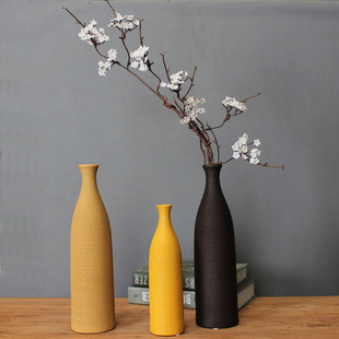 现代创意黑色黄色拉丝亚光陶瓷花瓶摆件 简约家居装饰品摆设花插