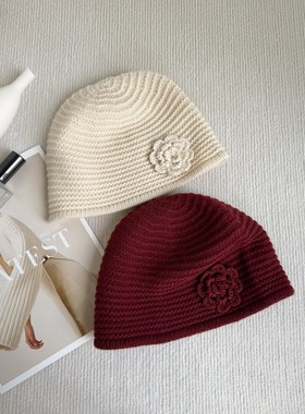 秋冬时尚花朵羊毛针织包头帽洋气毛线帽冷帽氛围感显脸小套头帽潮