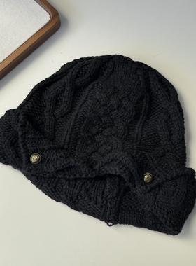 秋冬保暖秋冬麻花堆堆帽女米色黑色加厚显脸小针织帽护耳帽包头帽