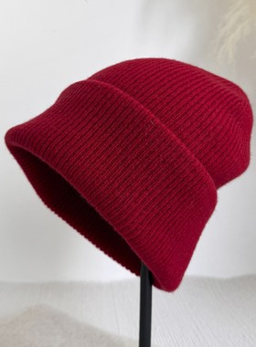 新年红色高品质羊毛毛线帽生日礼物加厚保暖套头护耳帽显脸小冬季