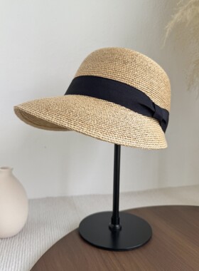 法式赫本风拉菲草帽女夏季宽檐防晒遮阳帽显脸小度假马术帽太阳帽