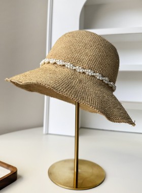 2025新款拉菲草帽女夏季出游海边度假甜美珍珠遮阳帽太阳帽显脸小
