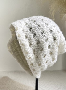 韩系镂空双层洞洞针织堆堆帽女秋冬保暖护耳显脸小白色毛线帽柔软