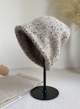 秋冬加厚保暖时尚亮片羊驼毛混织堆堆帽大头围套头帽百搭毛线帽潮