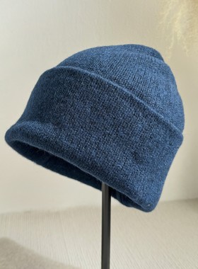 慵懒感蓝色绵羊毛针织帽男女冬季保暖护耳帽大头围耗牛绒毛线帽潮