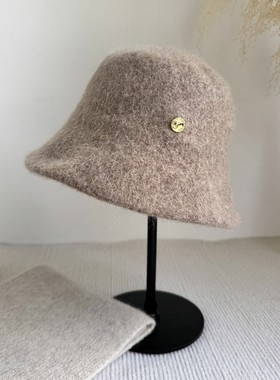 兔羊毛混纺秋冬保暖水桶帽加厚女士咖色灰色盆帽优雅渔夫帽可折叠