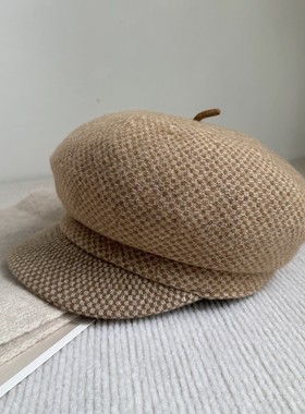 秋冬新款复古绵羊毛贝雷帽女百搭画家帽立体帽型报童帽遮脸保暖潮