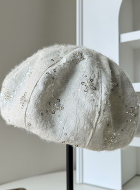 时尚重工亮片珍珠贝雷帽秋冬新款云朵蓓蕾帽女显脸小画家帽八角帽