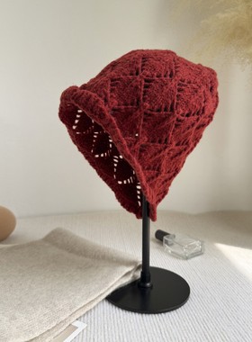 红色毛线帽女复古镂空钩花包头帽女秋冬季韩版百搭大头围堆堆帽潮