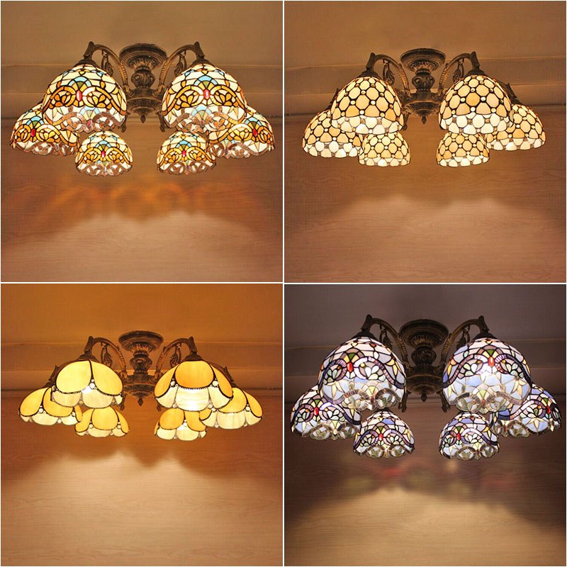 金港湾创意美式乡村卧室复古彩色玻璃圆形吸顶灯多头铁艺吸吊灯