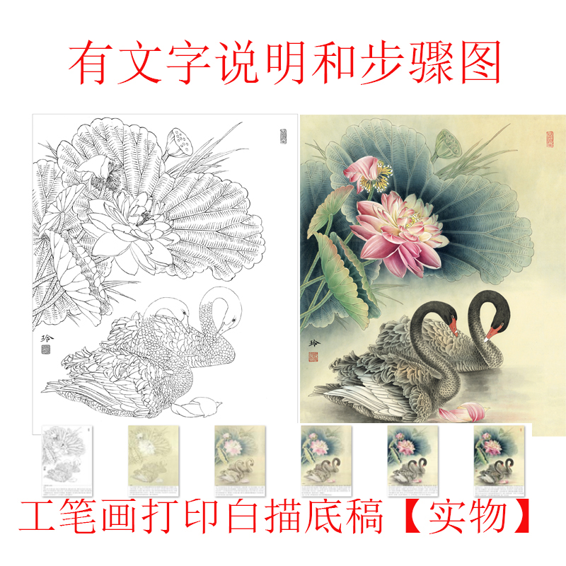 (有步骤)国画工笔画打印白描底稿郑玲玲竖幅鹅临摹勾线过稿练习