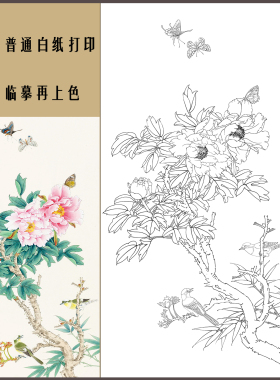 工笔画底稿竖幅富贵白头俞致贞花卉高清打印稿线描初学者临摹