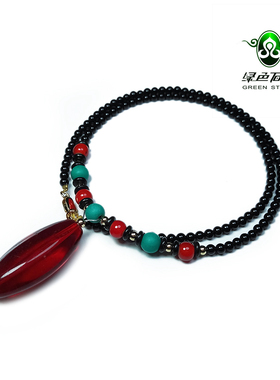 lssp/绿色石品wp1141 不还价 清代酒红琉璃多棱管主珠锁骨项链