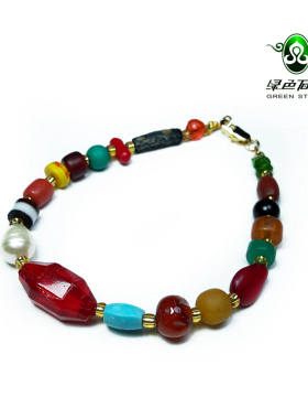 lssp/绿色石品wp1108 不还价 清代多宝玛瑙琉璃男女士款老珠手链