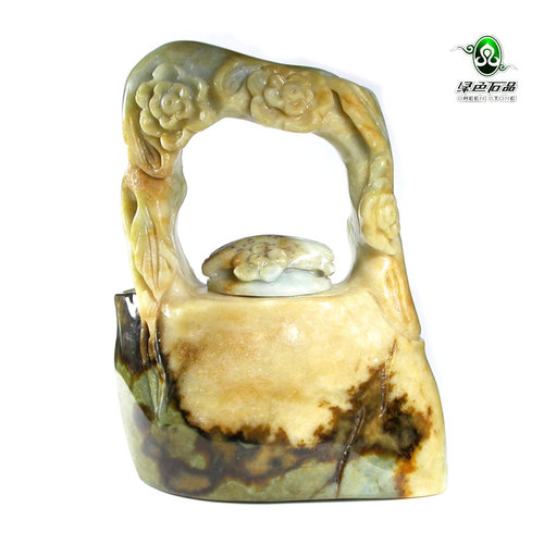 lssp/绿色石品gy980不还价翡翠玉茶壶白底黄翡缠花枝提壶摆件送证