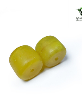 lssp/绿色石品wp65 清代老古珠配件 黄色搅胎老琉璃桶珠对装