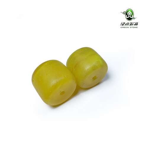lssp/绿色石品wp65 清代老古珠配件 黄色搅胎老琉璃桶珠对装