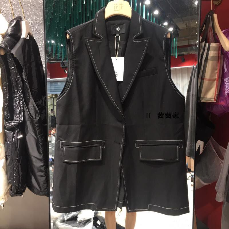 清仓不支持退换货欧货中长款马甲女欧美明线西服领后开叉宽松上衣