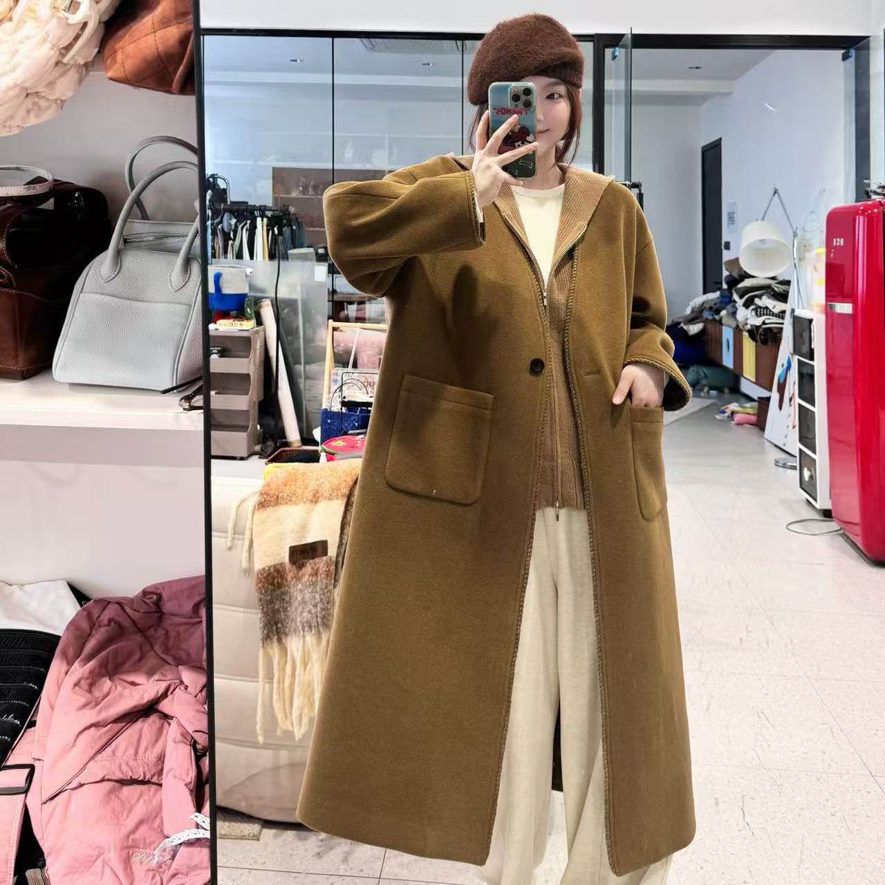 蕾蕾【自在冬日】法式气质V领宽松长款大衣外套