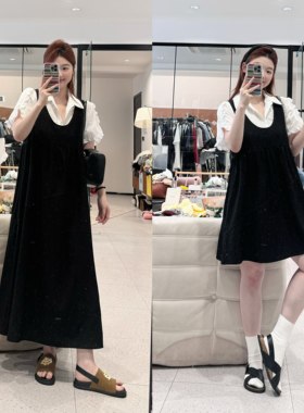 蕾蕾【乖乖女】花边袖双翻领衬衫+不规则斜抽绳长短版背心连衣裙