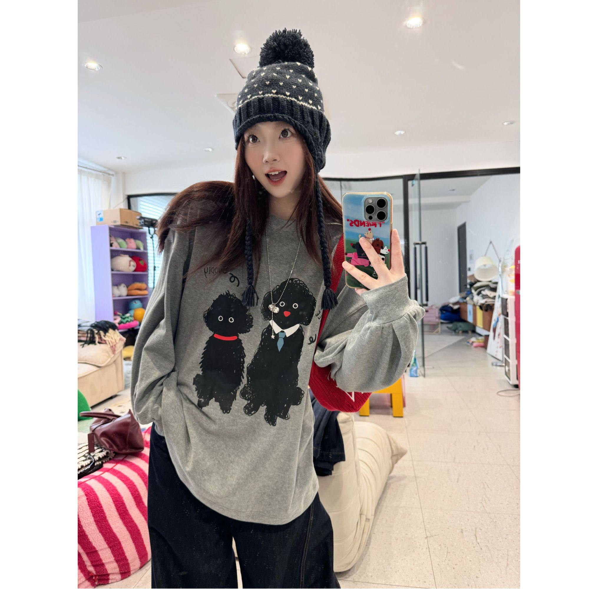 蕾蕾【领带小狗！】韩系慵懒感小狗图案圆领T恤上衣