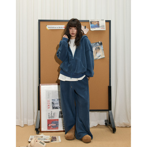 蕾蕾【率性姿态！】美式连帽绒感卫衣外套+全松紧高腰弯刀阔腿裤