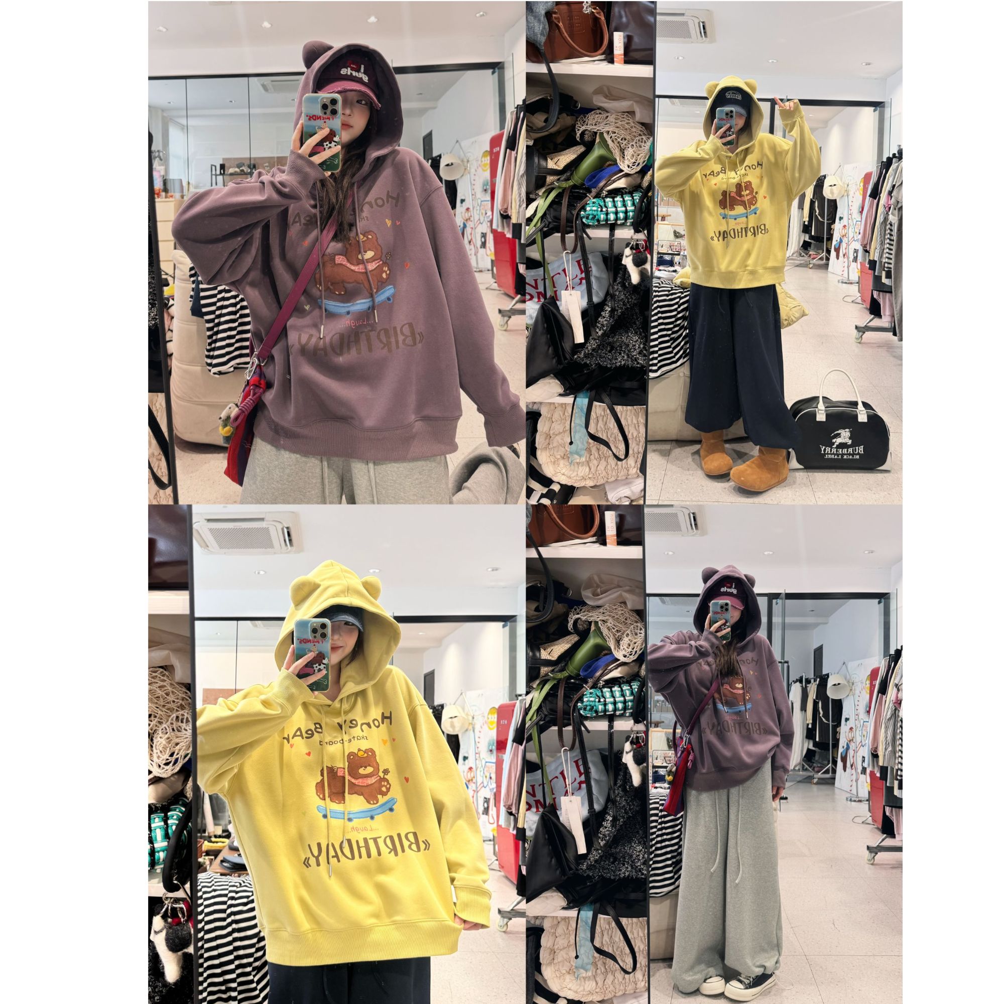 蕾蕾【小熊耳朵】胸前字母小熊宽松连帽卫衣
