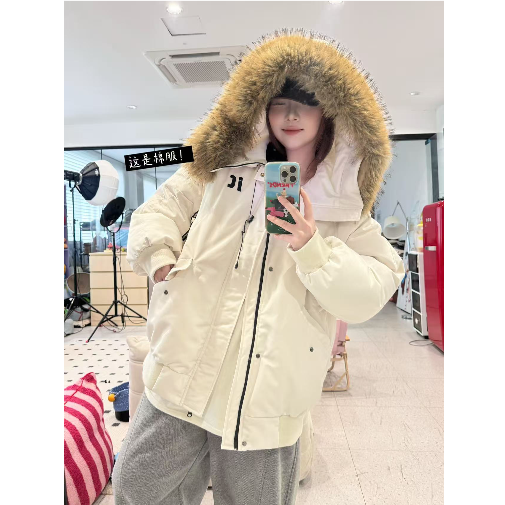 蕾蕾【雪地冒险家】美式工装连帽毛领宽松飞行棉服外套