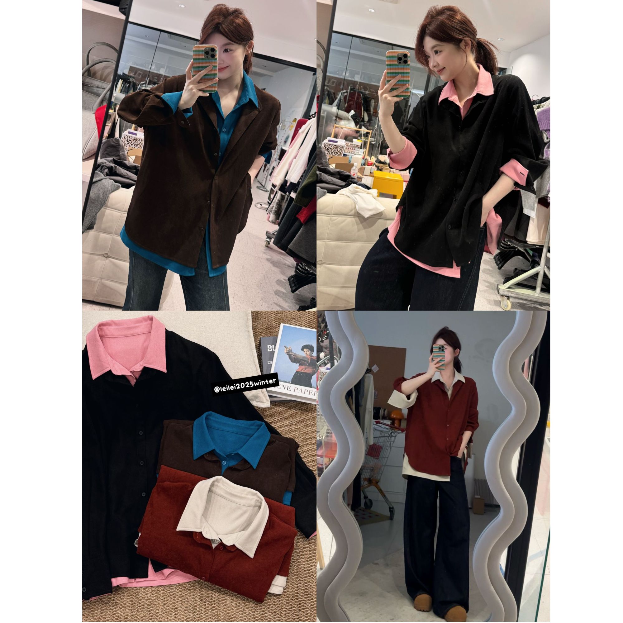 蕾蕾【双生花！】冬季撞色拼接假两件宽松衬衫外套