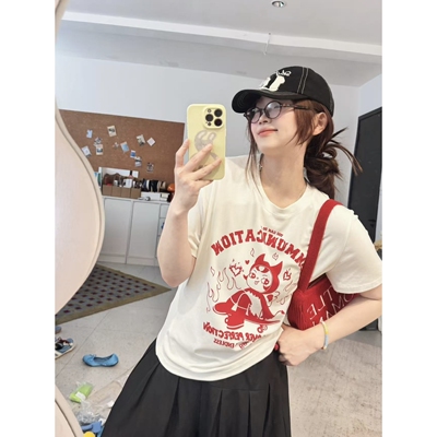蕾蕾【邪恶小恶魔！】胸前小恶魔图案圆领宽松T恤上衣女