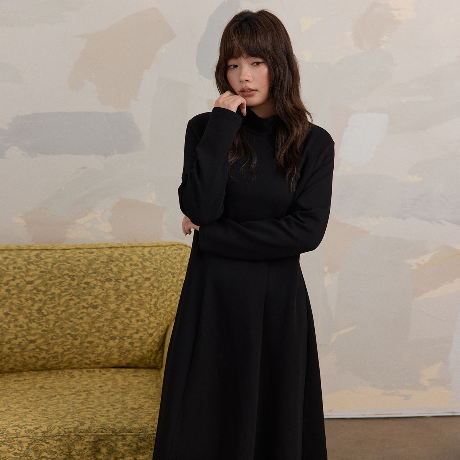 蕾蕾【黑天鹅！】冬季高领别致分割线收腰A字大裙摆长短连衣裙