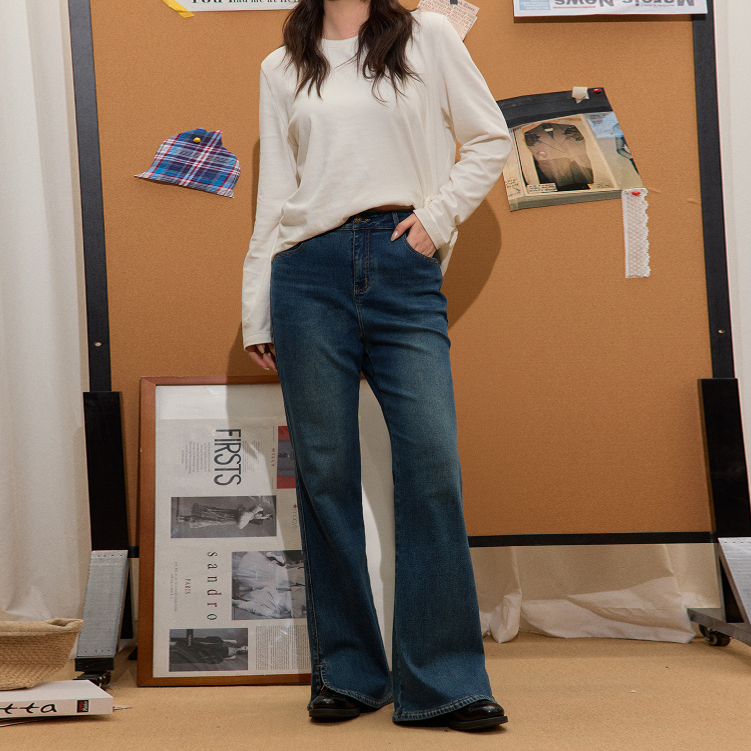 蕾蕾【漫画腿！】复古水洗裤脚开叉高腰加绒微喇牛仔裤