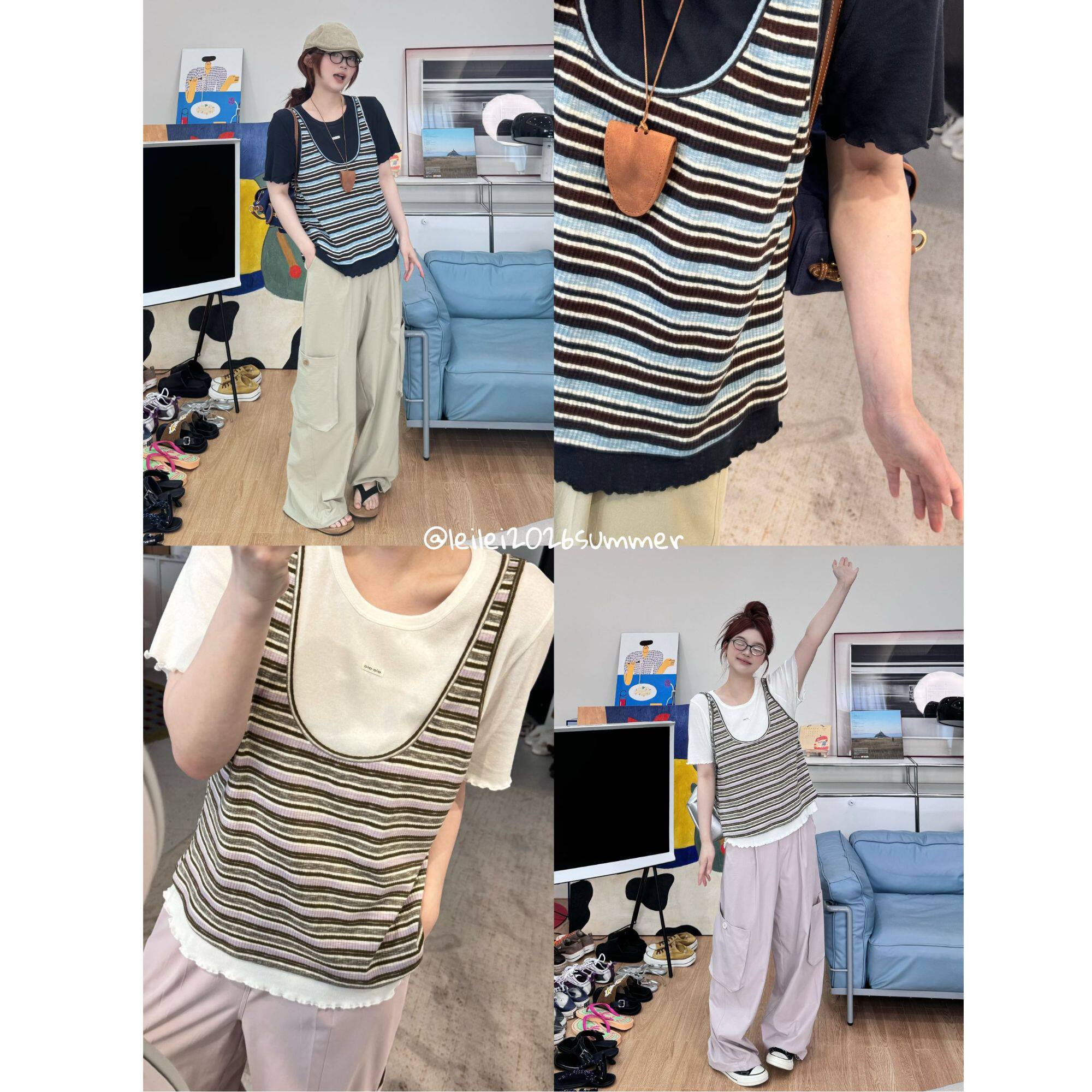 蕾蕾【层次美学】韩系正肩短袖拼接撞色条纹假两件上衣