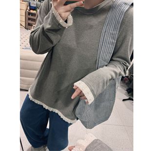 蕾蕾 下摆拼蕾丝小珍珠圆领宽松内搭上衣T恤 珍珠T