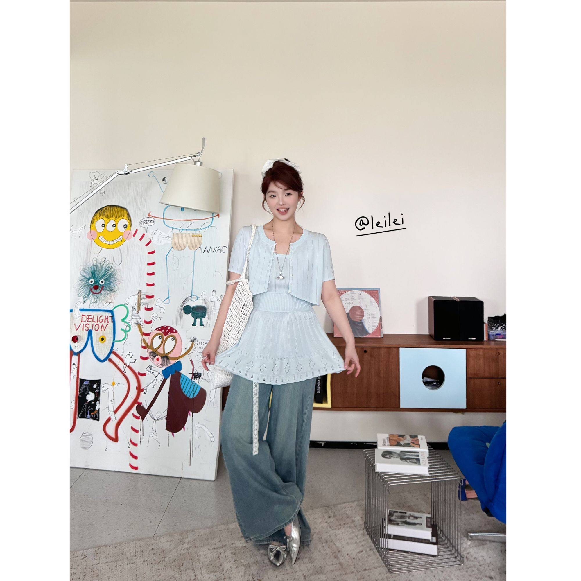 蕾蕾【夏日入场券】收腰吊带上衣短裙+纯色短袖针织小衫