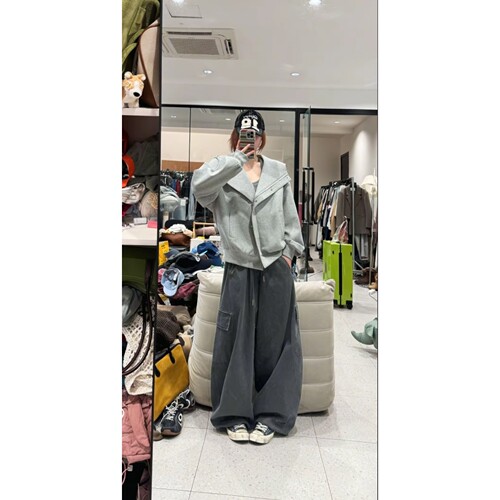 蕾蕾【汉南洞街头】秋冬简约斜拉链翻领连帽卫衣外套