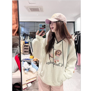 美式 小狗 编织帽边胸前小狗图案连帽卫衣 穿毛衣 蕾蕾
