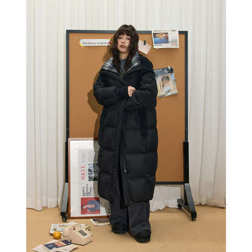 蕾蕾【纽约冬时令】可拆卸针织连帽长款立领羽绒外套