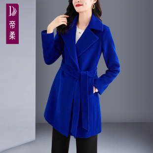 9476宝蓝色羊毛呢子大衣女中长款毛呢大衣长袖修身型街头风女装