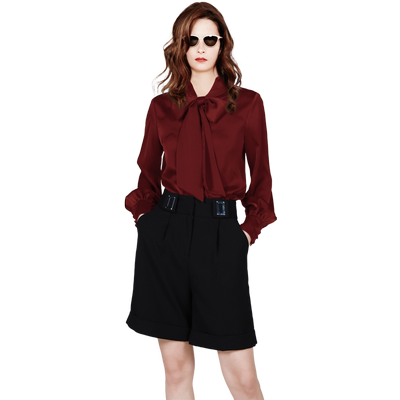 时尚酒红衬衫蝴蝶结气质百搭衬衣