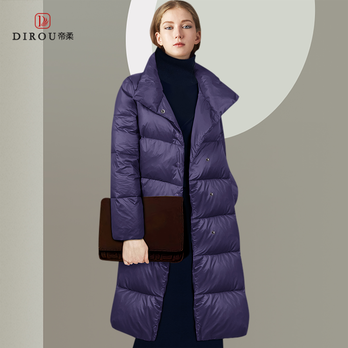 时尚气质显瘦紫色中长款羽绒服女