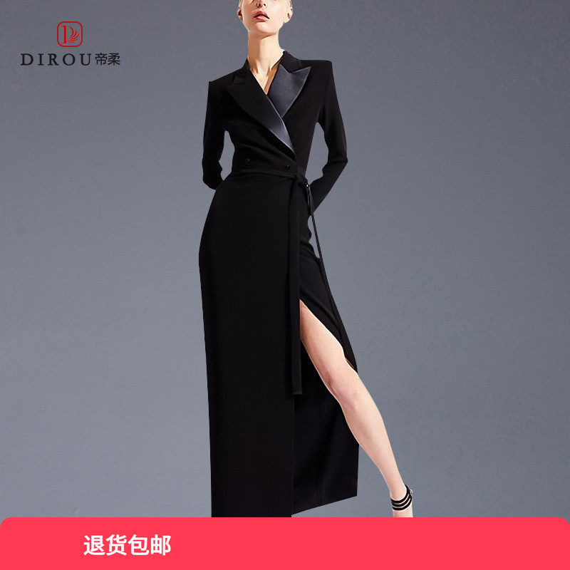 时尚西装领长袖连衣裙修身显瘦2026春秋季新款气质小黑裙中长裙子