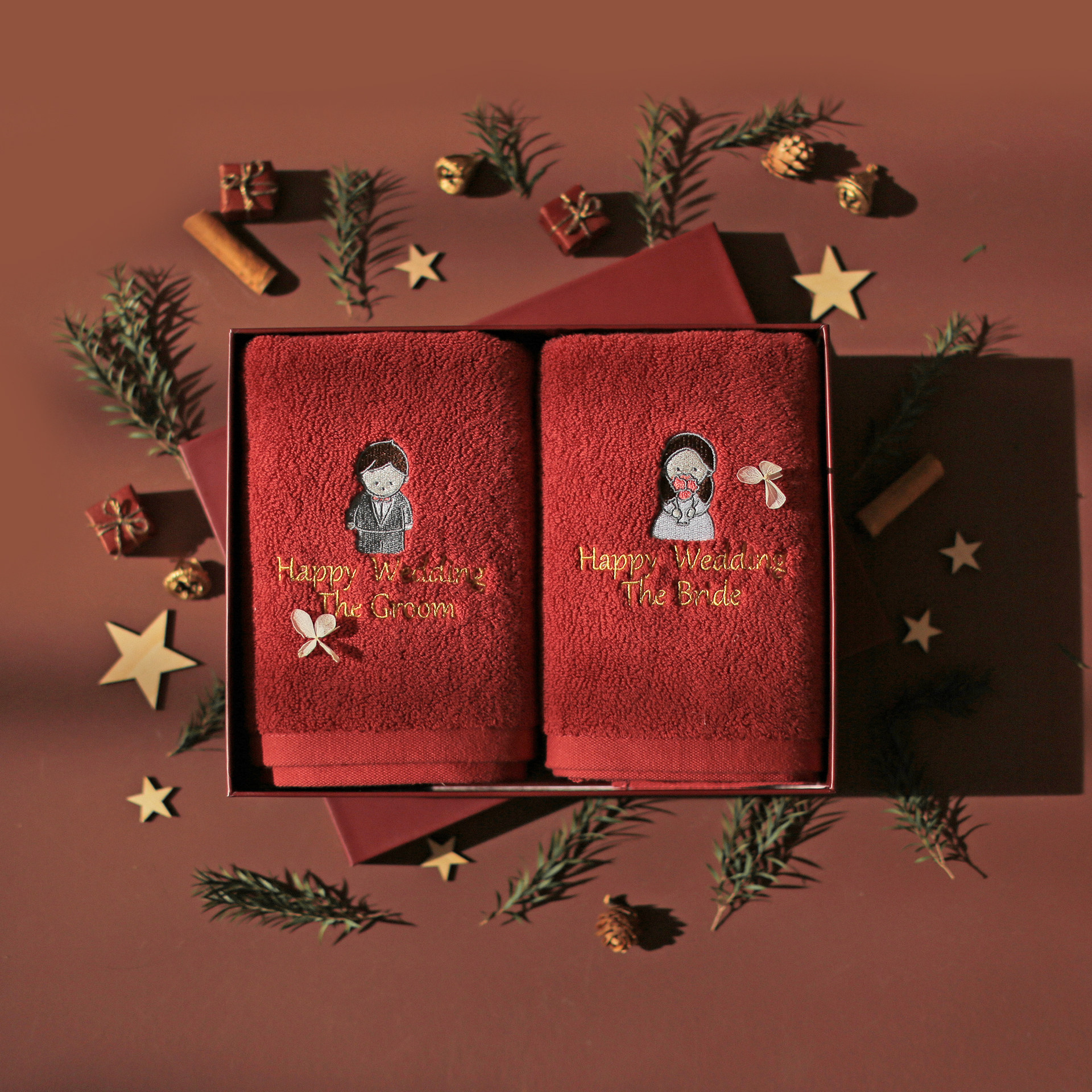 定做绣字！网红红色订婚婚礼结婚新人纪念礼物毛巾纯棉柔软伴手礼