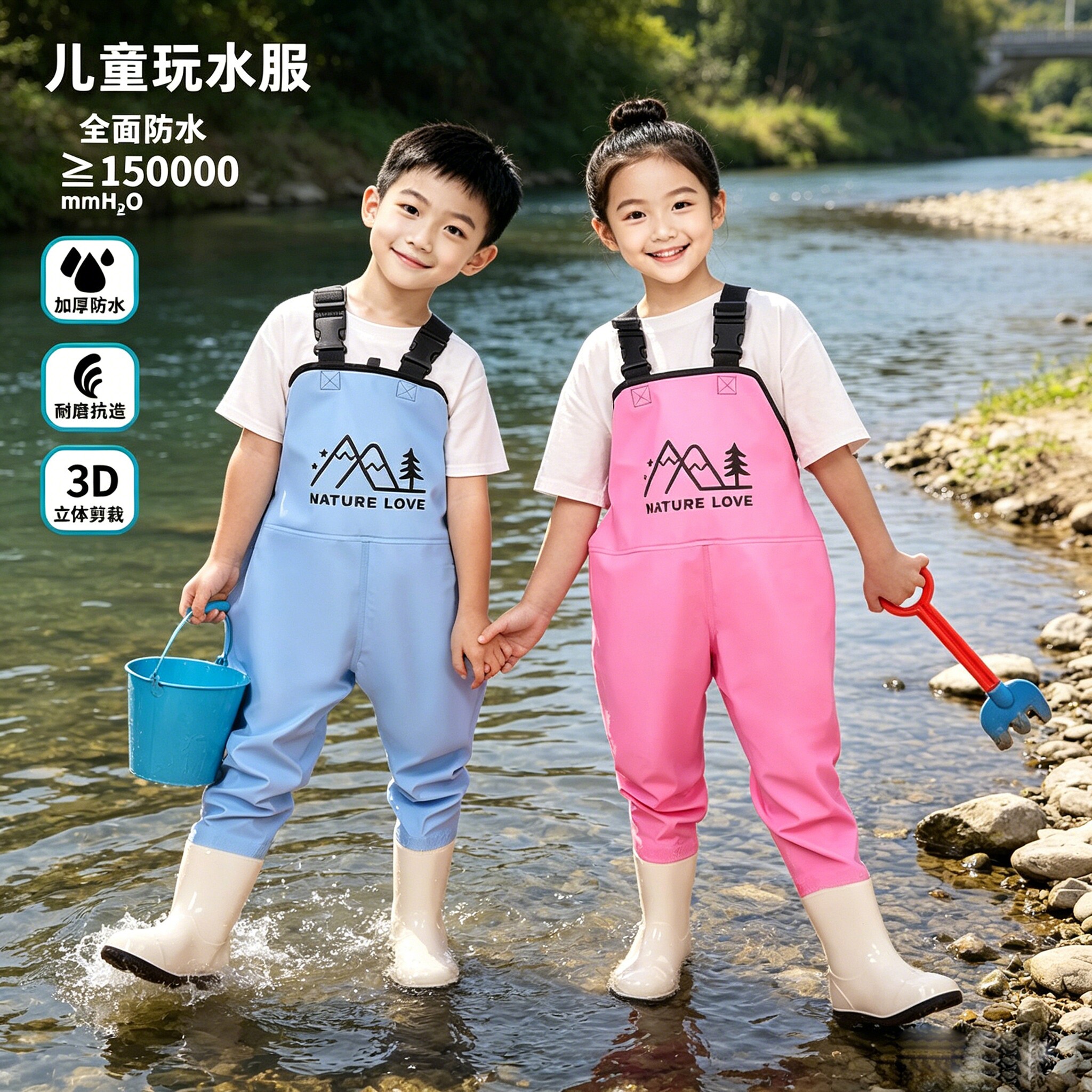 儿童玩水连体裤防水下水裤幼儿园玩沙赶海服装备带雨鞋户外涉水服
